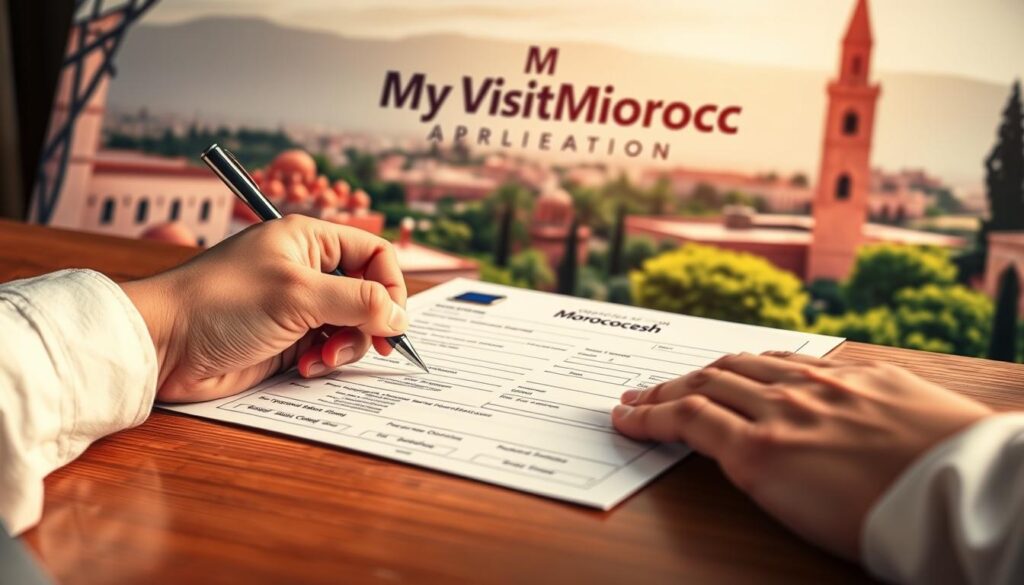A close-up view of a person's hands carefully filling out a Moroccan visa application form on a wooden desk. The application is positioned on a scenic backdrop depicting the iconic architecture and lush greenery of Marrakesh, Morocco, with the "MyVisitMorocco" logo prominently displayed. Soft, warm lighting creates a sense of focus and attention to detail, while the overall composition conveys the deliberate, official nature of the visa application process.