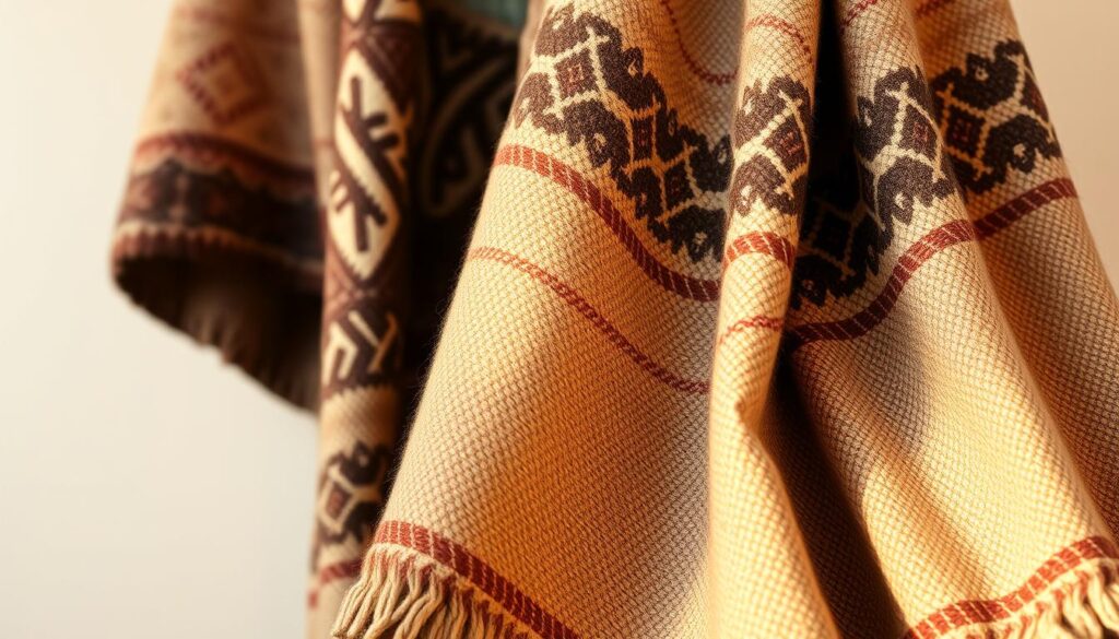 A close-up view of an authentic Berber coat, draped over a wooden surface. The garment is woven from high-quality, natural fibers, featuring intricate geometric patterns in a muted color palette of earthy tones. The texture is coarse yet supple, with visible irregularities that showcase the handcrafted nature of the piece. Warm, diffused lighting from the side creates subtle shadows, accentuating the dimensional quality of the design. In the background, a neutral backdrop allows the coat to be the focal point, showcasing its timeless elegance and cultural significance. MyVisitMorocco.