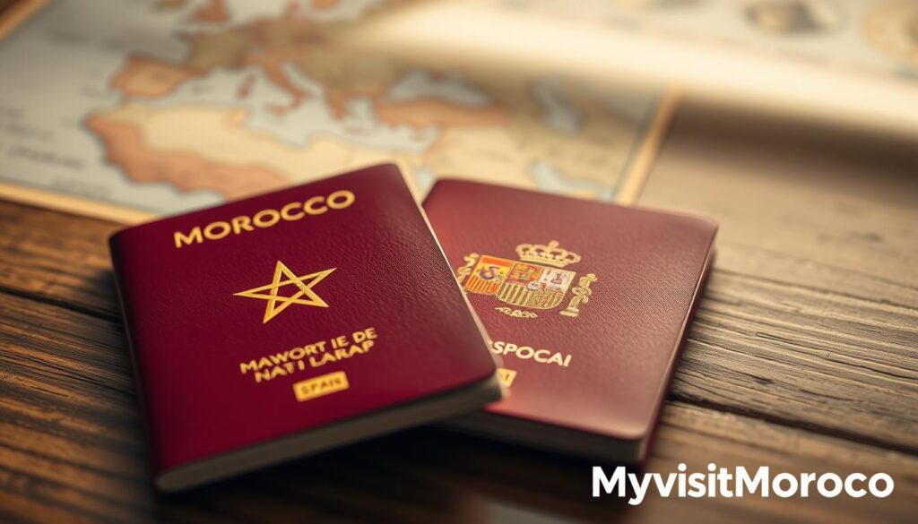 A close-up view of two national passports, one Moroccan and one Spanish, lying side-by-side on a wooden surface. The passports are open, revealing their identification pages. The lighting is warm and natural, creating a sense of authenticity. In the background, a blurred map of the Iberian Peninsula and North Africa is visible, suggesting the geographic connection between the two countries. The overall atmosphere conveys a sense of international travel and border procedures. The logo "MyVisitMorocco" is prominently displayed in the bottom right corner. A close-up view of two national passports, one Moroccan and one Spanish, lying side-by-side on a wooden surface. The passports are open, revealing their identification pages. The lighting is warm and natural, creating a sense of authenticity. In the background, a blurred map of the Iberian Peninsula and North Africa is visible, suggesting the geographic connection between the two countries. The overall atmosphere conveys a sense of international travel and border procedures. The logo "MyVisitMorocco" is prominently displayed in the bottom right corner.