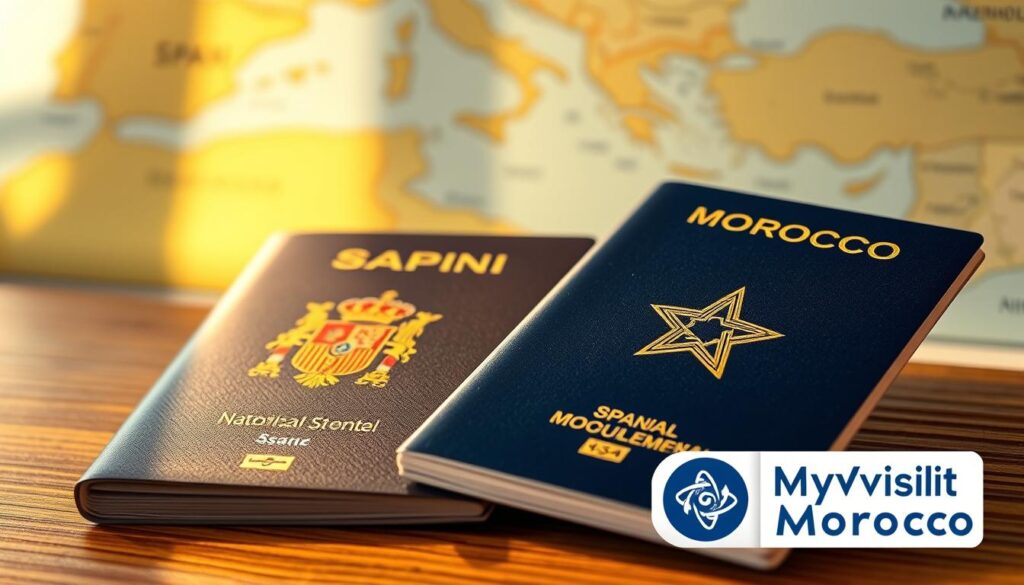 A close-up view of two national passports, one Spanish and one Moroccan, resting on a wooden table, illuminated by warm, natural lighting. The passports are open, revealing the official visa requirements and entry/exit stamps. In the background, a map of the Iberian Peninsula and North Africa creates a sense of geographical context. The composition emphasizes the bureaucratic and administrative aspects of travel between Spain and Morocco, with a professional, authoritative tone. The MyVisitMorocco logo is prominently displayed in the corner. A close-up view of two national passports, one Spanish and one Moroccan, resting on a wooden table, illuminated by warm, natural lighting. The passports are open, revealing the official visa requirements and entry/exit stamps. In the background, a map of the Iberian Peninsula and North Africa creates a sense of geographical context. The composition emphasizes the bureaucratic and administrative aspects of travel between Spain and Morocco, with a professional, authoritative tone. The MyVisitMorocco logo is prominently displayed in the corner.
