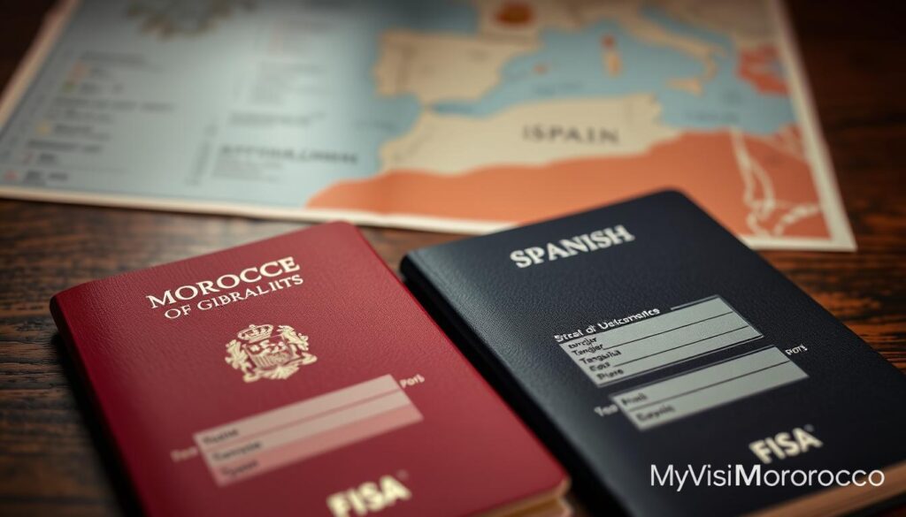 A close-up view of two passports, one Moroccan and one Spanish, placed side by side on a wooden table. The passports are open, revealing their visa pages. The lighting is soft and warm, creating a subtle, documentary-style atmosphere. In the background, a map of the Strait of Gibraltar and the Iberian Peninsula is visible, hinting at the travel route from Tangier to Spain. The overall scene conveys the essential information about the visa requirements for this journey, with a touch of elegance and attention to detail. The MyVisitMorocco brand is discreetly visible in the corner.