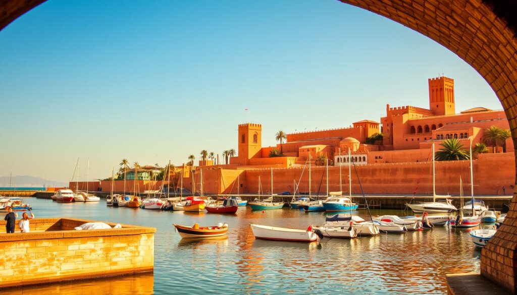 A coastal town in Morocco, El Jadida's skyline reflects its Portuguese colonial past. In the foreground, a magnificent 16th-century Portuguese cistern, its arched ceiling casting dramatic shadows. In the middle ground, colorful boats sway gently in the harbor, their reflections rippling on the calm waters. In the background, the ochre-hued walls of the old Portuguese city stand tall, their intricate architectural details a testament to the town's rich history. Warm, golden sunlight bathes the scene, creating a sense of timeless tranquility. MyVisitMorocco. A coastal town in Morocco, El Jadida's skyline reflects its Portuguese colonial past. In the foreground, a magnificent 16th-century Portuguese cistern, its arched ceiling casting dramatic shadows. In the middle ground, colorful boats sway gently in the harbor, their reflections rippling on the calm waters. In the background, the ochre-hued walls of the old Portuguese city stand tall, their intricate architectural details a testament to the town's rich history. Warm, golden sunlight bathes the scene, creating a sense of timeless tranquility. MyVisitMorocco.