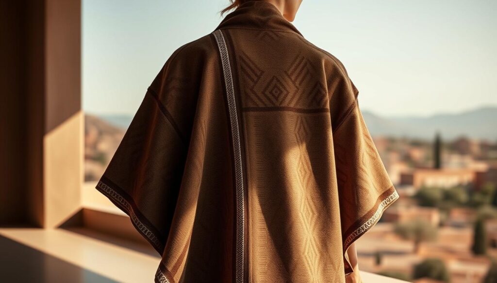 A contemporary Berber coat design, featuring intricate geometric patterns in a muted color palette of earthy tones. The garment is draped elegantly, capturing the traditional silhouette with a modern, minimalist twist. Subtle shimmering threads add depth and texture, while the lighting casts dramatic shadows, emphasizing the sculptural quality of the design. In the background, a blurred Moroccan landscape provides a contextual backdrop, hinting at the rich cultural heritage that inspires this MyVisitMorocco collection.