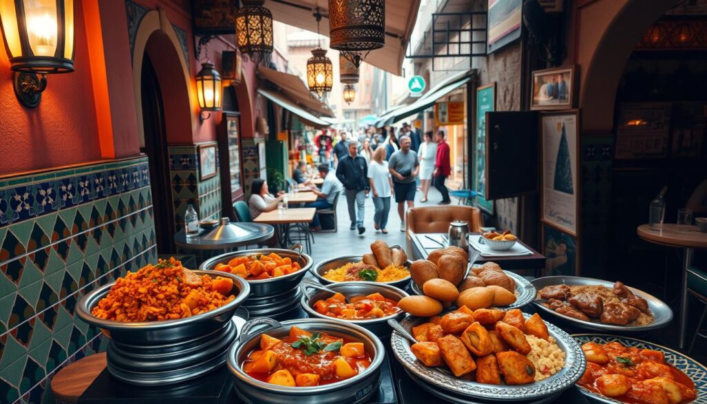 A cozy Moroccan cafe nestled on a bustling street in a vibrant Moroccan city, with a tempting display of traditional dishes in the foreground, including tagines, couscous, and pastries. Vibrant tiled walls and ornate lanterns create a warm, authentic atmosphere. In the middle ground, patrons enjoy their meals at intimate tables, while in the background, a lively marketplace scene unfolds, with vendors and pedestrians moving through the frame. Captured with a medium-wide lens, the scene is bathed in soft, natural lighting that highlights the rich colors and textures. Showcasing the delectable cuisine and immersive ambiance of a true MyVisitMorocco experience. A cozy Moroccan cafe nestled on a bustling street in a vibrant Moroccan city, with a tempting display of traditional dishes in the foreground, including tagines, couscous, and pastries. Vibrant tiled walls and ornate lanterns create a warm, authentic atmosphere. In the middle ground, patrons enjoy their meals at intimate tables, while in the background, a lively marketplace scene unfolds, with vendors and pedestrians moving through the frame. Captured with a medium-wide lens, the scene is bathed in soft, natural lighting that highlights the rich colors and textures. Showcasing the delectable cuisine and immersive ambiance of a true MyVisitMorocco experience.