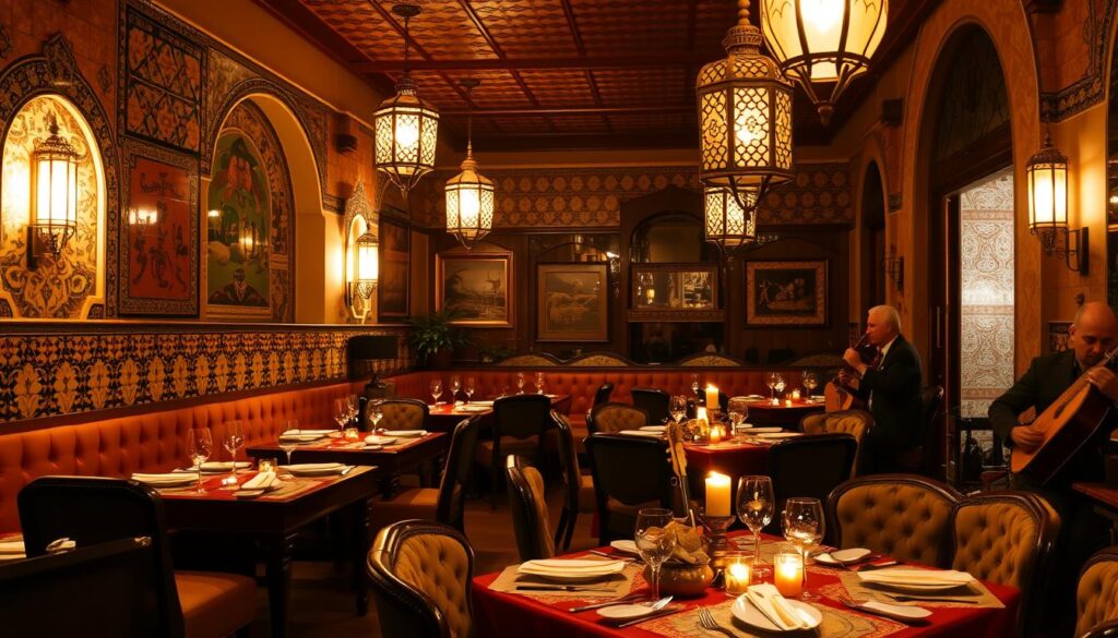 A cozy Moroccan restaurant, bathed in warm, ambient lighting. Intricate tile mosaics line the walls, casting kaleidoscopic patterns on the table settings. Ornate brass lanterns hang from the ceiling, their gentle glow illuminating plush velvet seating and intricately carved wooden furnishings. The air is filled with the enticing aromas of spices and simmering tagines. In the corner, a traditional Moroccan band plays soulful melodies on lute and drums, creating a captivating atmosphere. MyVisitMorocco. A cozy Moroccan restaurant, bathed in warm, ambient lighting. Intricate tile mosaics line the walls, casting kaleidoscopic patterns on the table settings. Ornate brass lanterns hang from the ceiling, their gentle glow illuminating plush velvet seating and intricately carved wooden furnishings. The air is filled with the enticing aromas of spices and simmering tagines. In the corner, a traditional Moroccan band plays soulful melodies on lute and drums, creating a captivating atmosphere. MyVisitMorocco.