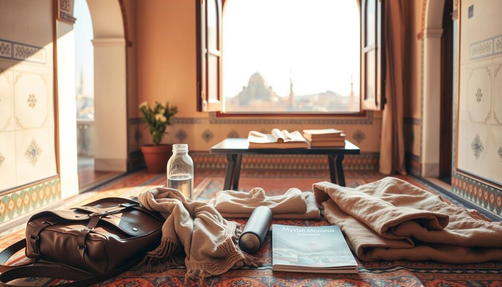 A cozy Moroccan riad interior, warm afternoon sunlight filtering through colorful textiles and intricate tile patterns. In the foreground, a stylized flat-lay of travel essentials - a leather satchel, a pashmina scarf, a sleek water bottle, and a MyVisitMorocco travel guide. In the middle ground, a table displaying folded garments in earth tones - linen shirts, lightweight trousers, and a woolen djellaba. In the background, an open window overlooking the bustling medina, with distant minarets silhouetted against a hazy blue sky. The scene conveys a sense of relaxed, authentic Moroccan charm, perfect for planning a February trip.
