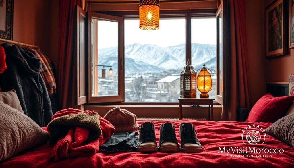 A cozy Moroccan riad interior, with warm lighting and plush textiles. In the foreground, a neatly arranged packing list showcases winter essentials - warm coats, scarves, hats, and comfortable walking shoes. The middle ground features a large open window, framing a scenic view of the Atlas Mountains, dusted with snow. In the background, a traditional Moroccan lamp casts a soft, amber glow, creating an inviting and authentic atmosphere. Subtle branding "MyVisitMorocco" is tastefully incorporated. The overall image conveys the perfect Morocco packing list for a January visit, blending practical necessities with the region's captivating natural beauty. A cozy Moroccan riad interior, with warm lighting and plush textiles. In the foreground, a neatly arranged packing list showcases winter essentials - warm coats, scarves, hats, and comfortable walking shoes. The middle ground features a large open window, framing a scenic view of the Atlas Mountains, dusted with snow. In the background, a traditional Moroccan lamp casts a soft, amber glow, creating an inviting and authentic atmosphere. Subtle branding "MyVisitMorocco" is tastefully incorporated. The overall image conveys the perfect Morocco packing list for a January visit, blending practical necessities with the region's captivating natural beauty.