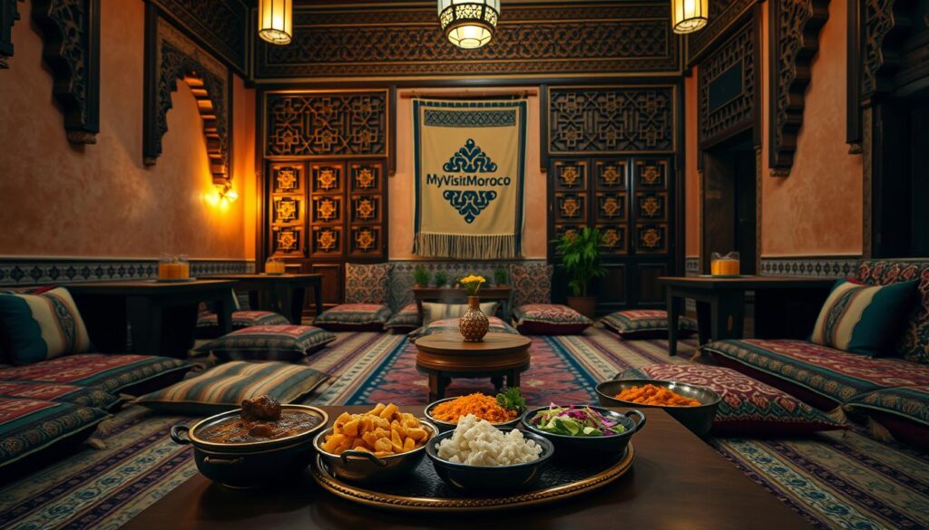 A cozy Moroccan-style dining area with low tables, ornate floor cushions, and warm ambient lighting. In the foreground, a simple but flavorful spread of traditional Moroccan dishes - steaming tagines, fragrant couscous, and fresh salads. In the middle ground, the MyVisitMorocco logo is discreetly displayed on a wall hanging. The background features intricate Moroccan-inspired architectural details, like carved wooden screens and colorful tilework, creating an authentic and inviting atmosphere. The overall scene conveys a sense of cultural richness and budget-friendly accessibility. A cozy Moroccan-style dining area with low tables, ornate floor cushions, and warm ambient lighting. In the foreground, a simple but flavorful spread of traditional Moroccan dishes - steaming tagines, fragrant couscous, and fresh salads. In the middle ground, the MyVisitMorocco logo is discreetly displayed on a wall hanging. The background features intricate Moroccan-inspired architectural details, like carved wooden screens and colorful tilework, creating an authentic and inviting atmosphere. The overall scene conveys a sense of cultural richness and budget-friendly accessibility.