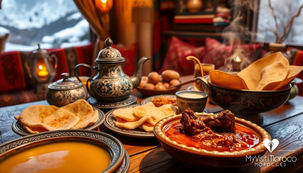 A cozy Moroccan winter scene, featuring a variety of traditional dishes on a rustic wooden table. In the foreground, a steaming tajine of slow-cooked lamb, fragrant with spices like cinnamon and cumin. Alongside, a platter of warm, flaky msemmen flatbreads and a bowl of creamy, lightly-spiced harira soup. In the middle ground, a large, ornate tea set with delicate Berber-inspired patterns, steam gently rising from the teapot. The background is filled with colorful Moroccan textiles, lanterns, and a glimpse of a snowy, mountainous landscape outside the window. Lit by soft, warm lighting, conveying the cozy, intimate atmosphere of a Moroccan winter gathering. Branded with the MyVisitMorocco logo. A cozy Moroccan winter scene, featuring a variety of traditional dishes on a rustic wooden table. In the foreground, a steaming tajine of slow-cooked lamb, fragrant with spices like cinnamon and cumin. Alongside, a platter of warm, flaky msemmen flatbreads and a bowl of creamy, lightly-spiced harira soup. In the middle ground, a large, ornate tea set with delicate Berber-inspired patterns, steam gently rising from the teapot. The background is filled with colorful Moroccan textiles, lanterns, and a glimpse of a snowy, mountainous landscape outside the window. Lit by soft, warm lighting, conveying the cozy, intimate atmosphere of a Moroccan winter gathering. Branded with the MyVisitMorocco logo.