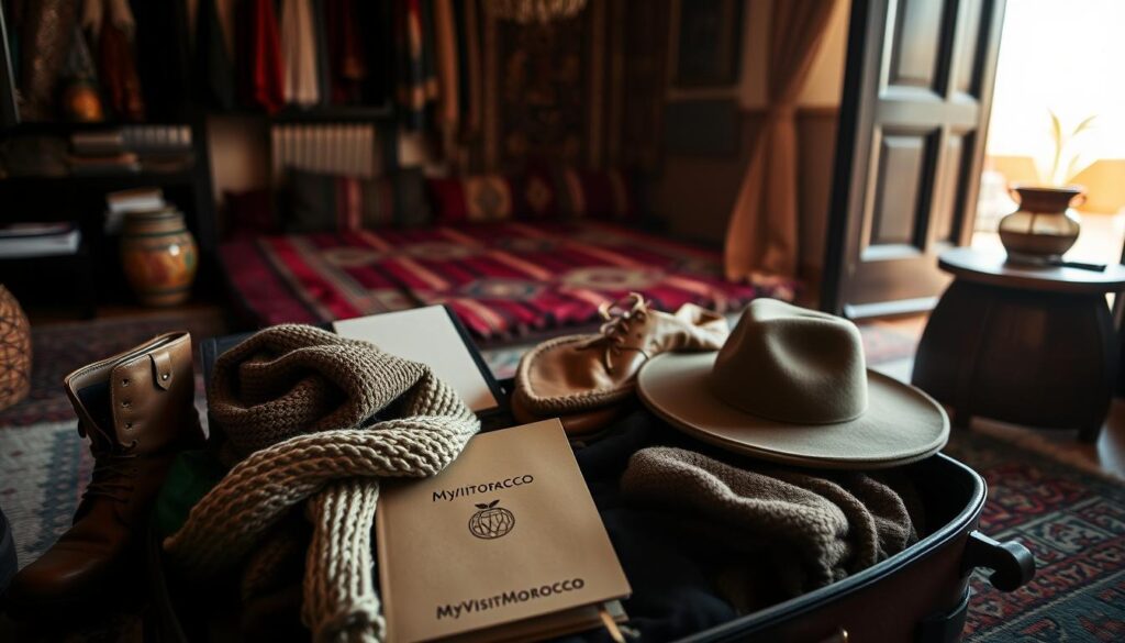 A cozy, dimly lit room in a traditional Moroccan riad, showcasing a suitcase packed with winter essentials. In the foreground, a warm knit scarf, a pair of sturdy leather boots, and a MyVisitMorocco branded travel journal lie neatly arranged. In the middle ground, the open suitcase reveals a selection of layered clothing, including a thick wool coat, thermal base layers, and a stylish fedora hat. The background features a vibrant Moroccan rug, hanging tapestries, and a glimpse of a sunlit courtyard outside, conveying the essence of a Moroccan winter getaway.