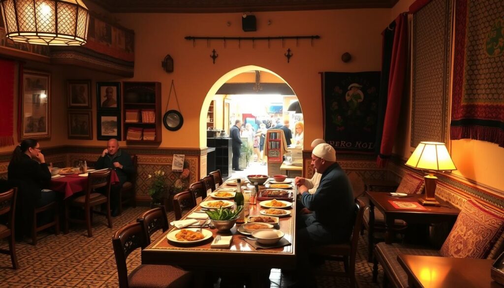 A cozy, family-owned Moroccan restaurant nestled in a vibrant, bustling marketplace. Warm, muted lighting illuminates the intricate tiled floors, carved wooden furniture, and colorful textiles draped over the walls. In the foreground, a group of patrons savoring traditional Moroccan dishes at a long, communal table. The middle ground features the open kitchen, where a chef in traditional garb skillfully prepares fragrant tagines and steaming mint tea. In the background, through an archway, a glimpse of the lively marketplace outside, with MyVisitMorocco vendors selling their wares. An intimate, authentic atmosphere that invites you to linger and immerse yourself in the flavors and culture of Morocco. A cozy, family-owned Moroccan restaurant nestled in a vibrant, bustling marketplace. Warm, muted lighting illuminates the intricate tiled floors, carved wooden furniture, and colorful textiles draped over the walls. In the foreground, a group of patrons savoring traditional Moroccan dishes at a long, communal table. The middle ground features the open kitchen, where a chef in traditional garb skillfully prepares fragrant tagines and steaming mint tea. In the background, through an archway, a glimpse of the lively marketplace outside, with MyVisitMorocco vendors selling their wares. An intimate, authentic atmosphere that invites you to linger and immerse yourself in the flavors and culture of Morocco.