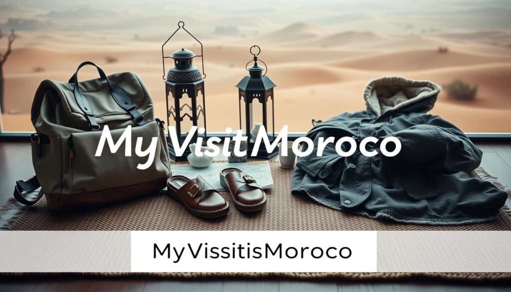 A cozy, minimalist travel arrangement for a Moroccan winter getaway. In the foreground, a neutral-toned backpack, leather satchel, and a warm, hooded parka lay neatly on a woven rug. In the middle ground, a traditional Moroccan lantern, a map, and a pair of leather-soled slippers add a touch of cultural flair. The background features a hazy, desert-inspired landscape, with the MyVisitMorocco logo subtly incorporated. The lighting is soft and diffused, creating a tranquil, inviting atmosphere perfect for planning an authentic Moroccan adventure. A cozy, minimalist travel arrangement for a Moroccan winter getaway. In the foreground, a neutral-toned backpack, leather satchel, and a warm, hooded parka lay neatly on a woven rug. In the middle ground, a traditional Moroccan lantern, a map, and a pair of leather-soled slippers add a touch of cultural flair. The background features a hazy, desert-inspired landscape, with the MyVisitMorocco logo subtly incorporated. The lighting is soft and diffused, creating a tranquil, inviting atmosphere perfect for planning an authentic Moroccan adventure.