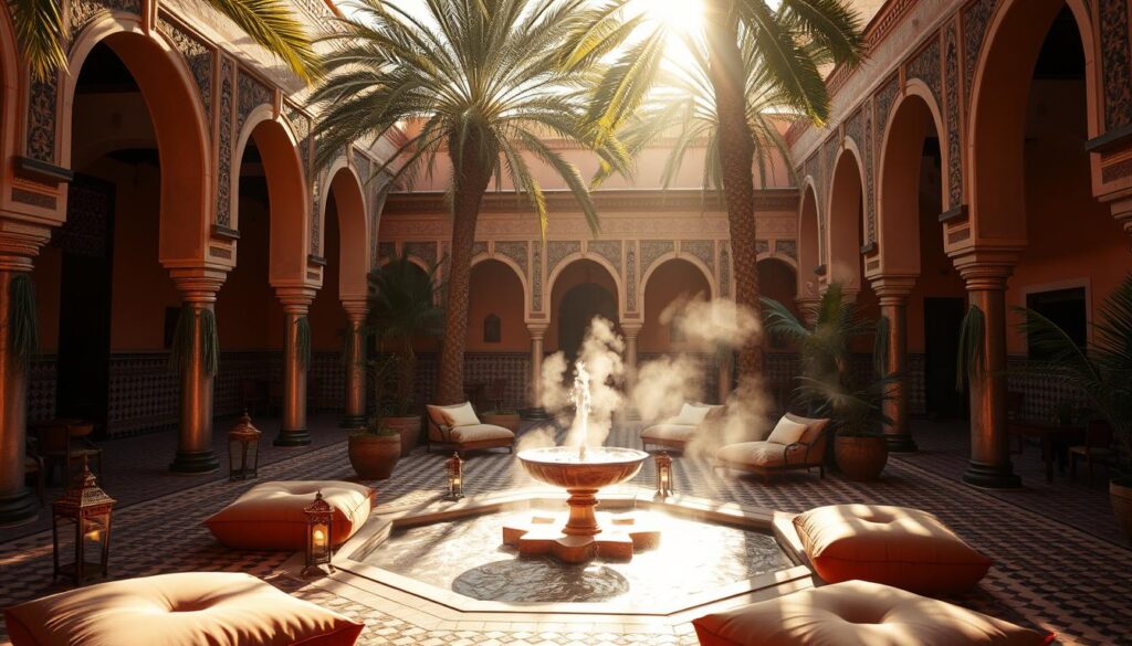 A cozy riad courtyard in Marrakech, Morocco, bathed in warm afternoon sunlight. Intricate tilework and archways surround a central fountain, steam gently rising from the heated water. Plush poufs and Moroccan lanterns invite guests to relax and soak in the tranquil atmosphere. Tall palm trees sway in the gentle breeze, casting delicate shadows across the scene. MyVisitMorocco