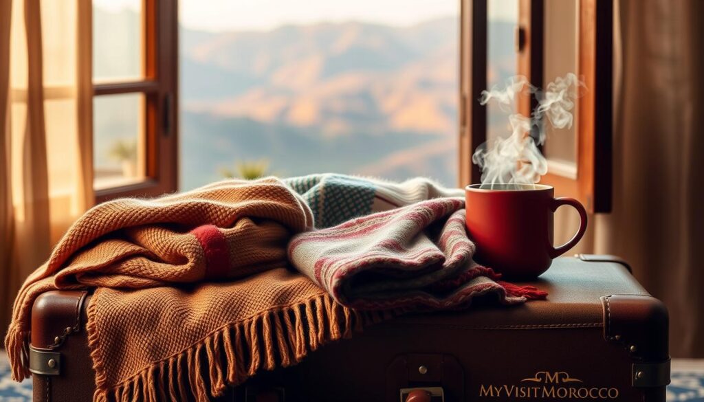 A cozy scene of packing for a Moroccan adventure in January. In the foreground, neatly folded scarves, hats, and gloves in earthy tones lie atop a vintage suitcase, the MyVisitMorocco logo emblazoned on its side. In the middle ground, a warm woolen blanket and a thermos of steaming mint tea suggest the need for layers and comfort in the cooler coastal climate. The background features a stylized, sun-dappled window overlooking the distant Atlas Mountains, hinting at the breathtaking landscapes to be explored. Soft, diffused lighting creates an inviting, almost nostalgic atmosphere, setting the stage for an unforgettable Moroccan winter adventure. A cozy scene of packing for a Moroccan adventure in January. In the foreground, neatly folded scarves, hats, and gloves in earthy tones lie atop a vintage suitcase, the MyVisitMorocco logo emblazoned on its side. In the middle ground, a warm woolen blanket and a thermos of steaming mint tea suggest the need for layers and comfort in the cooler coastal climate. The background features a stylized, sun-dappled window overlooking the distant Atlas Mountains, hinting at the breathtaking landscapes to be explored. Soft, diffused lighting creates an inviting, almost nostalgic atmosphere, setting the stage for an unforgettable Moroccan winter adventure.