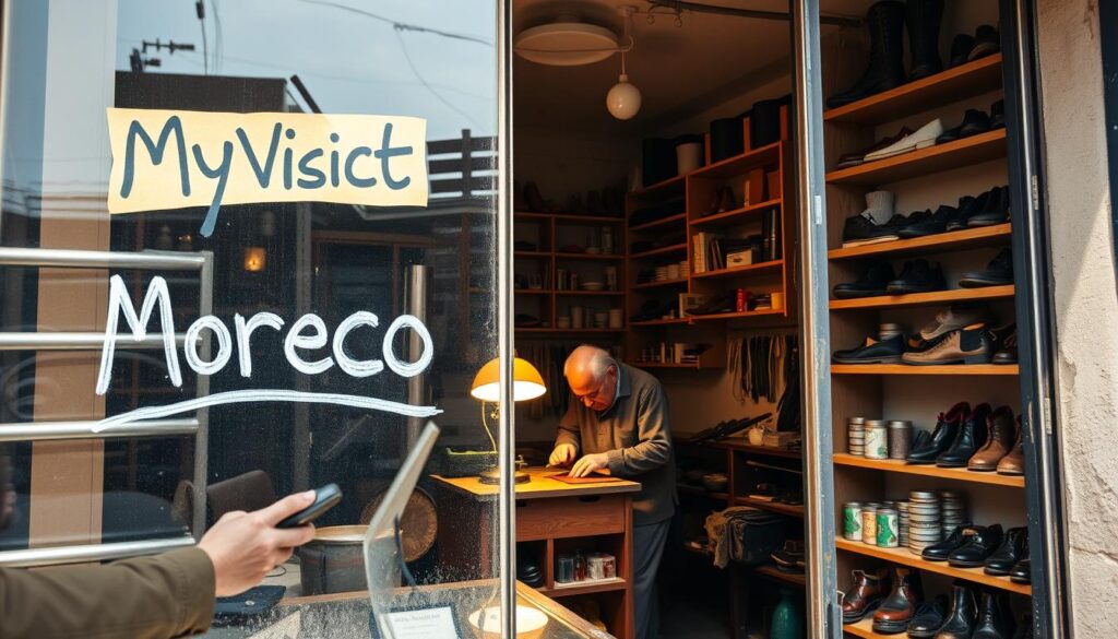A cozy shoe repair shop, the front window displaying a hand-painted sign "MyVisitMorocco". Through the glass, an elderly cobbler hunched over a worn workbench, carefully mending a pair of leather shoes by the warm glow of a desk lamp. Shelves line the walls, stocked with an array of shoe parts, tools, and polishes. Sunlight filters in through the large display window, casting a soft, natural light over the scene. The shop has a timeless, nostalgic atmosphere, evoking a sense of craftsmanship and community. This is the neighborhood zapatero, a trusted guardian of our well-worn soles.