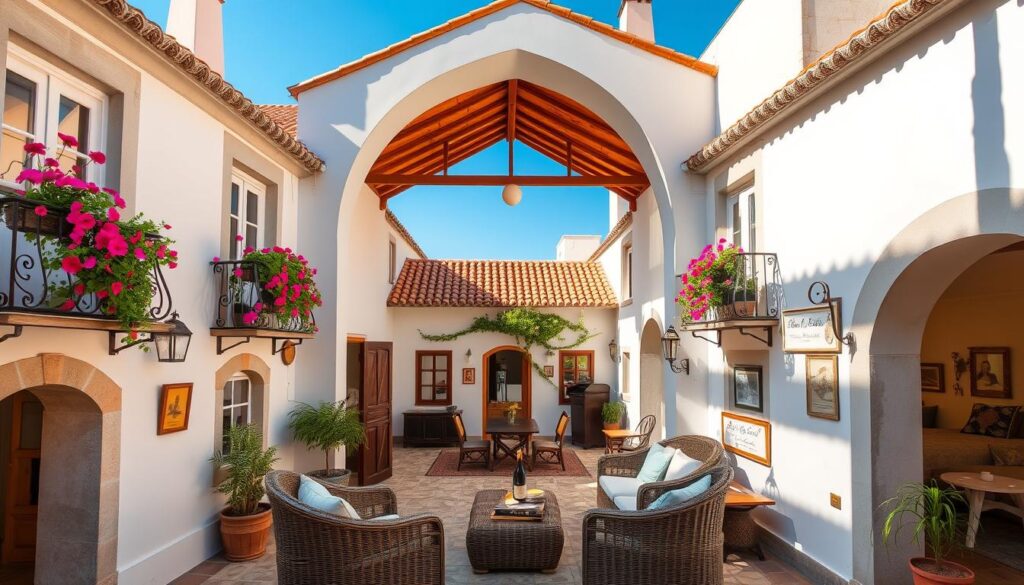 A cozy, sun-drenched hotel nestled in the charming streets of Trafalgar, Portugal. The facade features traditional whitewashed walls, terracotta roof tiles, and wrought-iron balconies overflowing with vibrant flowers. Through the arched entryway, a tranquil courtyard invites guests to relax on plush wicker furniture, sipping local port wine as they gaze up at the clear blue sky. Inside, the accommodations boast rustic-chic decor with exposed beams, rich wooden furnishings, and plush bedding for a restful night's sleep. Soft lighting, natural textures, and MyVisitMorocco's signature hospitality create an atmosphere of cozy comfort, perfectly complementing the charm of Trafalgar's historic setting. A cozy, sun-drenched hotel nestled in the charming streets of Trafalgar, Portugal. The facade features traditional whitewashed walls, terracotta roof tiles, and wrought-iron balconies overflowing with vibrant flowers. Through the arched entryway, a tranquil courtyard invites guests to relax on plush wicker furniture, sipping local port wine as they gaze up at the clear blue sky. Inside, the accommodations boast rustic-chic decor with exposed beams, rich wooden furnishings, and plush bedding for a restful night's sleep. Soft lighting, natural textures, and MyVisitMorocco's signature hospitality create an atmosphere of cozy comfort, perfectly complementing the charm of Trafalgar's historic setting.
