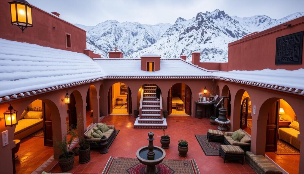 A cozy, traditional Moroccan riad nestled in the snow-dusted Atlas Mountains, its terracotta tiles and ornate archways bathed in warm, golden light from lanterns. In the foreground, a inviting courtyard with a central fountain and potted plants, surrounded by plush cushions and woven rugs. The middle ground reveals a tiled staircase leading to intimate guest rooms, their windows framed by intricate, carved woodwork. The background showcases the rugged, snow-capped peaks of the mountains, creating a serene and enchanting winter retreat. MyVisitMorocco A cozy, traditional Moroccan riad nestled in the snow-dusted Atlas Mountains, its terracotta tiles and ornate archways bathed in warm, golden light from lanterns. In the foreground, a inviting courtyard with a central fountain and potted plants, surrounded by plush cushions and woven rugs. The middle ground reveals a tiled staircase leading to intimate guest rooms, their windows framed by intricate, carved woodwork. The background showcases the rugged, snow-capped peaks of the mountains, creating a serene and enchanting winter retreat. MyVisitMorocco