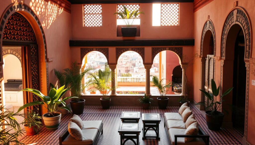 A cozy traditional Moroccan riad with intricate tiled courtyards, arched doorways, and lush potted plants. Warm golden lighting filters through the latticed windows, casting gentle shadows across the serene, peaceful atmosphere. In the foreground, a group of comfortable cushioned benches and low tables invite travelers to relax and unwind. The middle ground showcases the riad's elegant architecture, with ornate columns and decorative wall alcoves. The background reveals a tranquil rooftop terrace overlooking the vibrant city of Marrakech. MyVisitMorocco. A cozy traditional Moroccan riad with intricate tiled courtyards, arched doorways, and lush potted plants. Warm golden lighting filters through the latticed windows, casting gentle shadows across the serene, peaceful atmosphere. In the foreground, a group of comfortable cushioned benches and low tables invite travelers to relax and unwind. The middle ground showcases the riad's elegant architecture, with ornate columns and decorative wall alcoves. The background reveals a tranquil rooftop terrace overlooking the vibrant city of Marrakech. MyVisitMorocco.