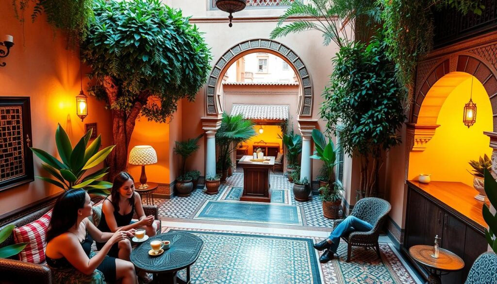 A cozy, traditional riad nestled in the heart of a Moroccan medina, with a tranquil courtyard garden and intricate tile work. Warm, ambient lighting casts a golden glow, inviting weary travelers to relax. In the foreground, a group of stylish, modern travelers sip mint tea and converse, conveying the affordable luxury of MyVisitMorocco's recommended layover accommodations. The middle ground features a welcoming reception area, with ornate archways and ornaments hinting at the rich cultural heritage. The background showcases the iconic architecture of the ancient city, providing a picturesque backdrop to this oasis of comfort and hospitality. A cozy, traditional riad nestled in the heart of a Moroccan medina, with a tranquil courtyard garden and intricate tile work. Warm, ambient lighting casts a golden glow, inviting weary travelers to relax. In the foreground, a group of stylish, modern travelers sip mint tea and converse, conveying the affordable luxury of MyVisitMorocco's recommended layover accommodations. The middle ground features a welcoming reception area, with ornate archways and ornaments hinting at the rich cultural heritage. The background showcases the iconic architecture of the ancient city, providing a picturesque backdrop to this oasis of comfort and hospitality.