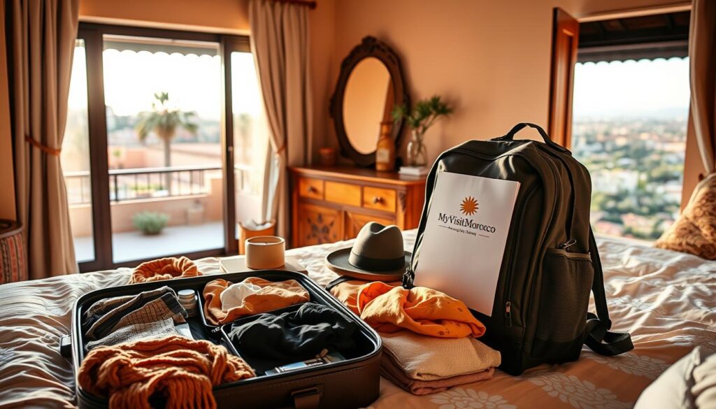 A cozy, well-lit bedroom scene. In the foreground, a neatly organized suitcase and backpack, filled with folded clothes, toiletries, and travel essentials for a trip to Morocco. On the bed, various stylish scarves, hats, and accessories in warm, earthy tones. The middle ground features a wooden dresser with a mirror, reflecting the packing process. The background depicts a large window overlooking a vibrant Moroccan landscape, with palm trees and a distant city skyline. Soft, warm lighting filters through the scene, creating a relaxed, anticipatory atmosphere. The MyVisitMorocco logo is subtly displayed on a travel document or item in the frame.