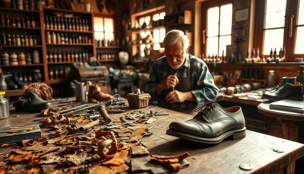 A cozy, well-lit independent shoe repair shop with a skilled cobbler hard at work. The foreground features a vintage workbench covered in a mosaic of leather scraps, tools, and a pair of worn leather shoes waiting to be repaired. In the middle ground, the cobbler intently focuses on his craft, his weathered hands expertly stitching and shaping the leather. The background showcases the shop's rustic charm, with shelves of shoe polish, laces, and other accessories lining the walls. Warm natural lighting filters in through large windows, casting a soft glow over the scene. The overall atmosphere evokes a sense of tradition, craftsmanship, and personalized service. MyVisitMorocco.