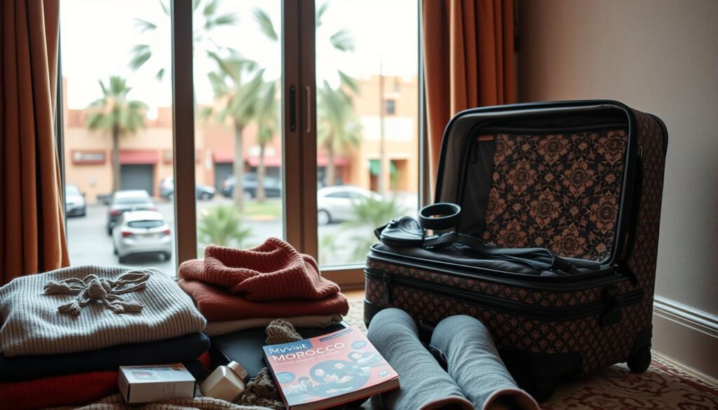A cozy, well-lit scene of a stylish traveler packing their suitcase for a Morocco trip in February. In the foreground, neatly folded clothes, including warm sweaters, scarves, and comfortable pants, alongside essential toiletries and a MyVisitMorocco guidebook. In the middle ground, a large, open suitcase with a vibrant Moroccan-inspired pattern. In the background, a window overlooking a bustling Marrakech street, with palm trees swaying gently. The lighting is soft and inviting, evoking the warm ambiance of the North African country. The overall mood is one of excitement and anticipation for the upcoming journey.