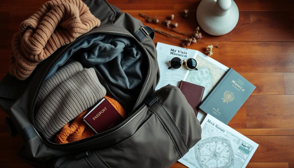 A cozy, well-lit scene of a stylishly packed suitcase for a February trip to Morocco. In the foreground, a MyVisitMorocco-branded travel duffel bag is open, showcasing neatly folded warm sweaters, scarves, and a lightweight jacket in earthy tones. In the middle ground, a traditional Moroccan leather passport holder, sunglasses, and a guidebook are arranged alongside a map and a set of travel documents. The background features a warm, rustic wooden surface, with a few sprigs of dried herbs and flowers adding a touch of Moroccan flair. The overall mood is one of effortless sophistication and careful preparation for a winter adventure.