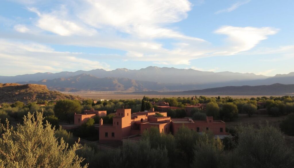 A crisp autumn day in Northern Morocco, with the majestic Atlas Mountains rising in the distance. In the foreground, a quaint Berber village nestled amid olive groves, its ochre-hued buildings casting long shadows under the warm, golden light. Wispy clouds drift across the sky, hinting at the changing seasons. The scene is imbued with a sense of tranquility and timelessness, capturing the essence of this picturesque region. MyVisitMorocco A crisp autumn day in Northern Morocco, with the majestic Atlas Mountains rising in the distance. In the foreground, a quaint Berber village nestled amid olive groves, its ochre-hued buildings casting long shadows under the warm, golden light. Wispy clouds drift across the sky, hinting at the changing seasons. The scene is imbued with a sense of tranquility and timelessness, capturing the essence of this picturesque region. MyVisitMorocco