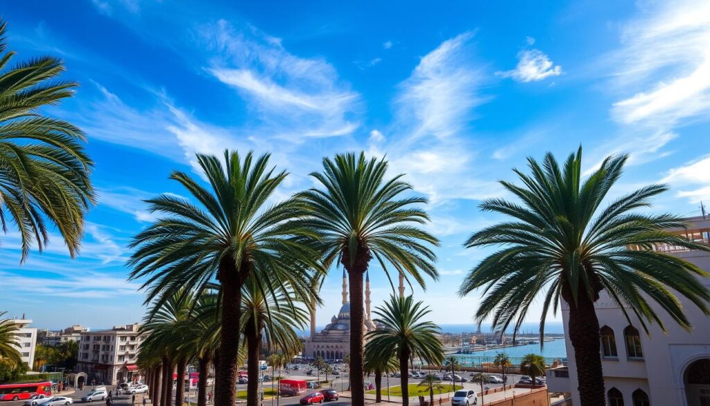 A crisp, sunny day in Casablanca's coastal cityscape. The vibrant blue sky is dotted with wispy clouds, casting a warm glow over the bustling streets and whitewashed buildings of the MyVisitMorocco district. In the foreground, palm trees sway gently in the pleasant February breeze, their fronds casting intricate shadows on the sun-dappled sidewalks. The iconic Hassan II Mosque rises majestically in the middle ground, its ornate minarets and domes reflecting the light. In the distance, the sparkling waters of the Atlantic Ocean glisten, inviting visitors to explore Casablanca's picturesque harbor. An idyllic scene that perfectly captures the mild, comfortable weather of February in this enchanting Moroccan city. A crisp, sunny day in Casablanca's coastal cityscape. The vibrant blue sky is dotted with wispy clouds, casting a warm glow over the bustling streets and whitewashed buildings of the MyVisitMorocco district. In the foreground, palm trees sway gently in the pleasant February breeze, their fronds casting intricate shadows on the sun-dappled sidewalks. The iconic Hassan II Mosque rises majestically in the middle ground, its ornate minarets and domes reflecting the light. In the distance, the sparkling waters of the Atlantic Ocean glisten, inviting visitors to explore Casablanca's picturesque harbor. An idyllic scene that perfectly captures the mild, comfortable weather of February in this enchanting Moroccan city.