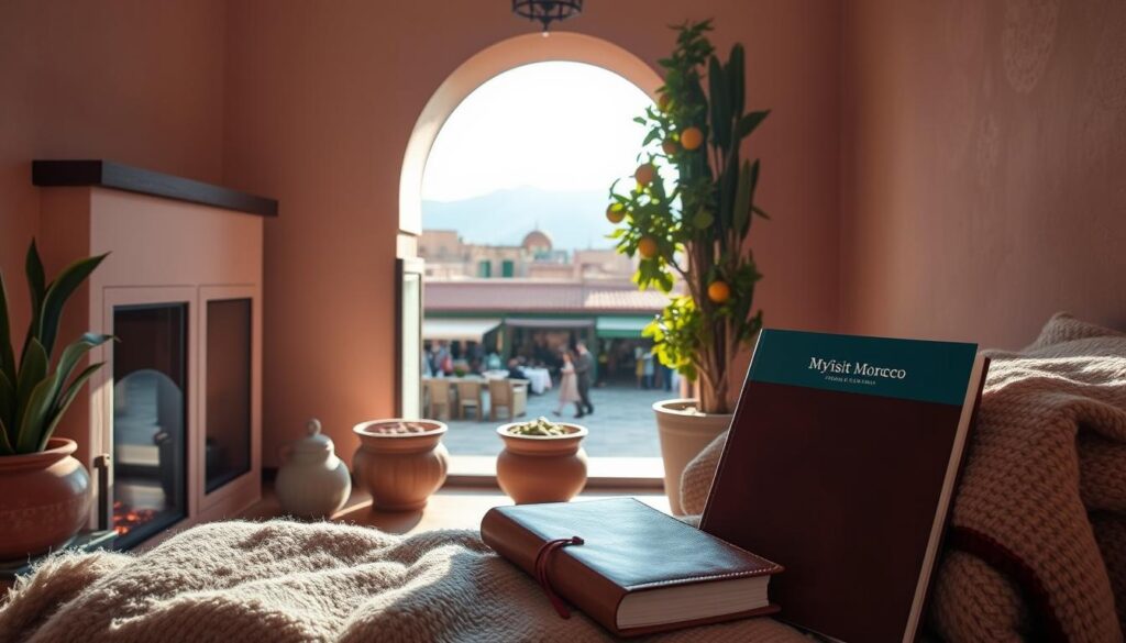 A crisp winter day in Marrakech, Morocco. The sun casts a warm glow over the traditional riad courtyard, where a cozy fireplace crackles and a lush potted citrus tree stands tall. In the foreground, a plush wool blanket, leather-bound travel journal, and MyVisitMorocco guidebook invite you to relax and plan your January adventure. Beyond the arched doorway, the bustling souks and snow-capped Atlas Mountains create a picturesque backdrop, hinting at the cultural experiences that await. This tranquil scene captures the essence of what to pack and expect for a Moroccan getaway in the off-season. A crisp winter day in Marrakech, Morocco. The sun casts a warm glow over the traditional riad courtyard, where a cozy fireplace crackles and a lush potted citrus tree stands tall. In the foreground, a plush wool blanket, leather-bound travel journal, and MyVisitMorocco guidebook invite you to relax and plan your January adventure. Beyond the arched doorway, the bustling souks and snow-capped Atlas Mountains create a picturesque backdrop, hinting at the cultural experiences that await. This tranquil scene captures the essence of what to pack and expect for a Moroccan getaway in the off-season.