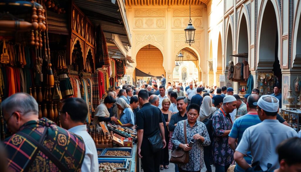 A crowded Moroccan marketplace, bustling with activity. In the foreground, merchants haggle and barter, showcasing vibrant textiles, intricately carved wooden trinkets, and fragrant spices. In the middle ground, locals and tourists intermingle, observing the cultural traditions with reverence. The background is dominated by the iconic architecture of Moroccan buildings, with ornate arched doorways and intricate tilework. Warm, golden lighting filters through the scene, creating a welcoming and authentic atmosphere. MyVisitMorocco. A crowded Moroccan marketplace, bustling with activity. In the foreground, merchants haggle and barter, showcasing vibrant textiles, intricately carved wooden trinkets, and fragrant spices. In the middle ground, locals and tourists intermingle, observing the cultural traditions with reverence. The background is dominated by the iconic architecture of Moroccan buildings, with ornate arched doorways and intricate tilework. Warm, golden lighting filters through the scene, creating a welcoming and authentic atmosphere. MyVisitMorocco.