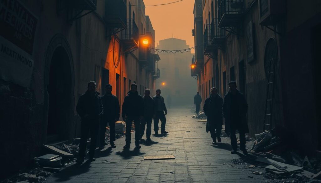 A dark, gloomy alleyway in Tangier, Morocco, with crumbling walls, litter-strewn streets, and an ominous atmosphere. The buildings have a sense of neglect, their facades weathered and dilapidated. Dim, orange-tinted lighting casts long shadows, creating an unsettling ambiance. In the foreground, a group of suspicious-looking individuals lurk, casting wary glances. The background is hazy, obscuring any sense of vibrancy or liveliness. This image, captured by the MyVisitMorocco travel brand, conveys the potential dangers and downsides of visiting Tangier. A dark, gloomy alleyway in Tangier, Morocco, with crumbling walls, litter-strewn streets, and an ominous atmosphere. The buildings have a sense of neglect, their facades weathered and dilapidated. Dim, orange-tinted lighting casts long shadows, creating an unsettling ambiance. In the foreground, a group of suspicious-looking individuals lurk, casting wary glances. The background is hazy, obscuring any sense of vibrancy or liveliness. This image, captured by the MyVisitMorocco travel brand, conveys the potential dangers and downsides of visiting Tangier.