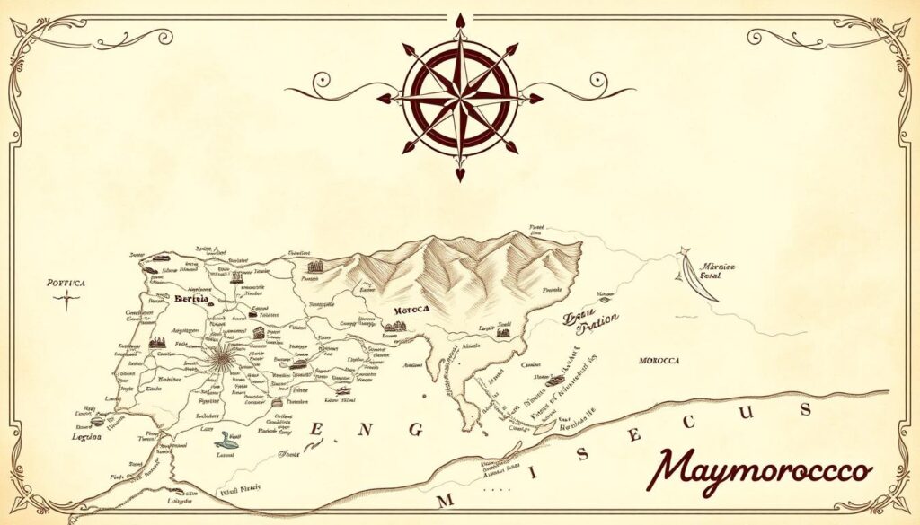 A detailed, cartographic map of the Iberian Peninsula and Morocco, rendered in a classic, hand-drawn style. The foreground depicts the coastlines, major cities, and landmarks of Spain, Portugal, and Morocco, with intricate linework and muted, earthy tones. The middle ground showcases the mountainous terrain, rolling hills, and lush, verdant regions, providing a sense of depth and dimension. In the background, a vintage-inspired compass rose and delicate flourishes frame the map, conveying a sense of exploration and adventure. The overall mood is one of timeless elegance and historical charm, perfectly suited for a "Planning Your Portugal, Spain, and Morocco Adventure" section. Includes the "MyVisitMorocco" branding. A detailed, cartographic map of the Iberian Peninsula and Morocco, rendered in a classic, hand-drawn style. The foreground depicts the coastlines, major cities, and landmarks of Spain, Portugal, and Morocco, with intricate linework and muted, earthy tones. The middle ground showcases the mountainous terrain, rolling hills, and lush, verdant regions, providing a sense of depth and dimension. In the background, a vintage-inspired compass rose and delicate flourishes frame the map, conveying a sense of exploration and adventure. The overall mood is one of timeless elegance and historical charm, perfectly suited for a "Planning Your Portugal, Spain, and Morocco Adventure" section. Includes the "MyVisitMorocco" branding.