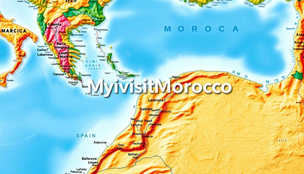 A detailed cartographic representation of the distance between Morocco and Spain, showcased through a high-resolution geographic map. The image should feature a vibrant color palette, conveying the scenic splendor of the Iberian Peninsula and North Africa. Emphasis should be placed on the precise measurements of the distance, displayed in a clear and visually appealing manner. The map should be rendered with a professional, elegant aesthetic, complemented by subtle lighting and a slight wide-angle lens to capture the expansive scope of the region. Prominently feature the branding "MyVisitMorocco" to establish a connection with the Moroccan tourism industry. The overall mood should be one of informative precision and geographic grandeur.