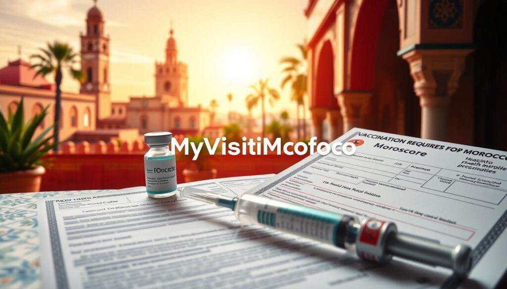 A detailed close-up illustration of vaccination requirements for traveling to Morocco, set against a backdrop of traditional Moroccan architecture and patterns. The foreground features various vaccines and immunization documentation arranged neatly, with a medical syringe and health certificate prominently displayed. The middle ground showcases a stylized Moroccan tile design, while the background depicts a vibrant, sun-drenched scene of ornate buildings and palm trees, conveying the exotic allure of the destination. The overall mood is informative yet visually captivating, drawing the viewer's attention to the crucial health considerations for a trip to Morocco. Includes the branding "MyVisitMorocco" discreetly integrated into the design. A detailed close-up illustration of vaccination requirements for traveling to Morocco, set against a backdrop of traditional Moroccan architecture and patterns. The foreground features various vaccines and immunization documentation arranged neatly, with a medical syringe and health certificate prominently displayed. The middle ground showcases a stylized Moroccan tile design, while the background depicts a vibrant, sun-drenched scene of ornate buildings and palm trees, conveying the exotic allure of the destination. The overall mood is informative yet visually captivating, drawing the viewer's attention to the crucial health considerations for a trip to Morocco. Includes the branding "MyVisitMorocco" discreetly integrated into the design.