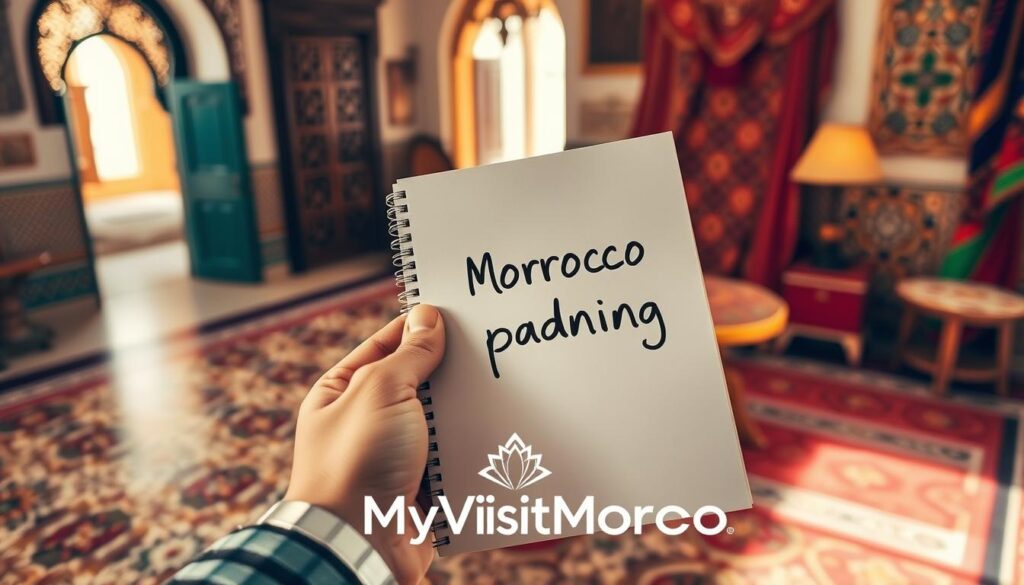 A detailed close-up of a hand holding a notepad with "Morocco travel budget planning" written on it, set against a background of Moroccan-inspired patterns and textures, including intricate tiled floors, ornate doors, and vibrant fabric. Warm, natural lighting illuminates the scene, creating a cozy, inviting atmosphere. In the foreground, a MyVisitMorocco logo is subtly incorporated into the design. The overall composition conveys a sense of thoughtful preparation and anticipation for an upcoming Moroccan adventure.