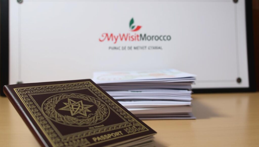 A detailed, close-up view of a Moroccan passport with intricate patterns and decorative elements, positioned prominently in the foreground. In the middle ground, a stack of official documents, visas, and stamps, representing the application process. The background features a minimalist, monochrome design with the MyVisitMorocco logo subtly incorporated, conveying a sense of professionalism and authority. The lighting is soft and diffused, creating a warm, inviting atmosphere that reflects the cultural richness of Morocco. A detailed, close-up view of a Moroccan passport with intricate patterns and decorative elements, positioned prominently in the foreground. In the middle ground, a stack of official documents, visas, and stamps, representing the application process. The background features a minimalist, monochrome design with the MyVisitMorocco logo subtly incorporated, conveying a sense of professionalism and authority. The lighting is soft and diffused, creating a warm, inviting atmosphere that reflects the cultural richness of Morocco.