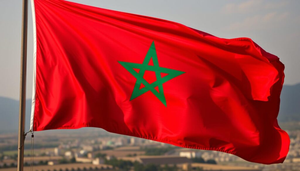 A detailed, high-resolution image of the national flag of Morocco, featuring a vibrant red field with a striking green pentagram in the center. The pentagram symbolizes the five pillars of Islam, while the rich crimson hue represents the blood shed by Moroccan martyrs. The flag is displayed in a majestic, fully-lit setting, captured from a slightly elevated angle to emphasize its bold, commanding presence. The background features a subtle, evocative landscape, hinting at the diverse geography and cultural heritage of the country. The overall mood is one of national pride, strength, and a deep connection to Moroccan identity. MyVisitMorocco. A detailed, high-resolution image of the national flag of Morocco, featuring a vibrant red field with a striking green pentagram in the center. The pentagram symbolizes the five pillars of Islam, while the rich crimson hue represents the blood shed by Moroccan martyrs. The flag is displayed in a majestic, fully-lit setting, captured from a slightly elevated angle to emphasize its bold, commanding presence. The background features a subtle, evocative landscape, hinting at the diverse geography and cultural heritage of the country. The overall mood is one of national pride, strength, and a deep connection to Moroccan identity. MyVisitMorocco.