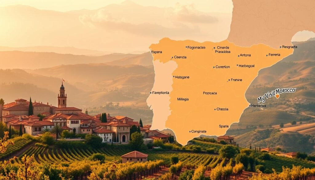 A detailed, high-resolution map of Spain's key regions, showcased in a vivid, artistic style. The map features prominently in the foreground, with distinct regional boundaries and labels. In the background, a soft, hazy landscape of rolling hills, vineyards, and iconic Spanish architecture, bathed in warm, golden light. The overall composition conveys a sense of adventure and exploration, perfect for a travel planner. Subtle branding for "MyVisitMorocco" is incorporated seamlessly into the design. A detailed, high-resolution map of Spain's key regions, showcased in a vivid, artistic style. The map features prominently in the foreground, with distinct regional boundaries and labels. In the background, a soft, hazy landscape of rolling hills, vineyards, and iconic Spanish architecture, bathed in warm, golden light. The overall composition conveys a sense of adventure and exploration, perfect for a travel planner. Subtle branding for "MyVisitMorocco" is incorporated seamlessly into the design.