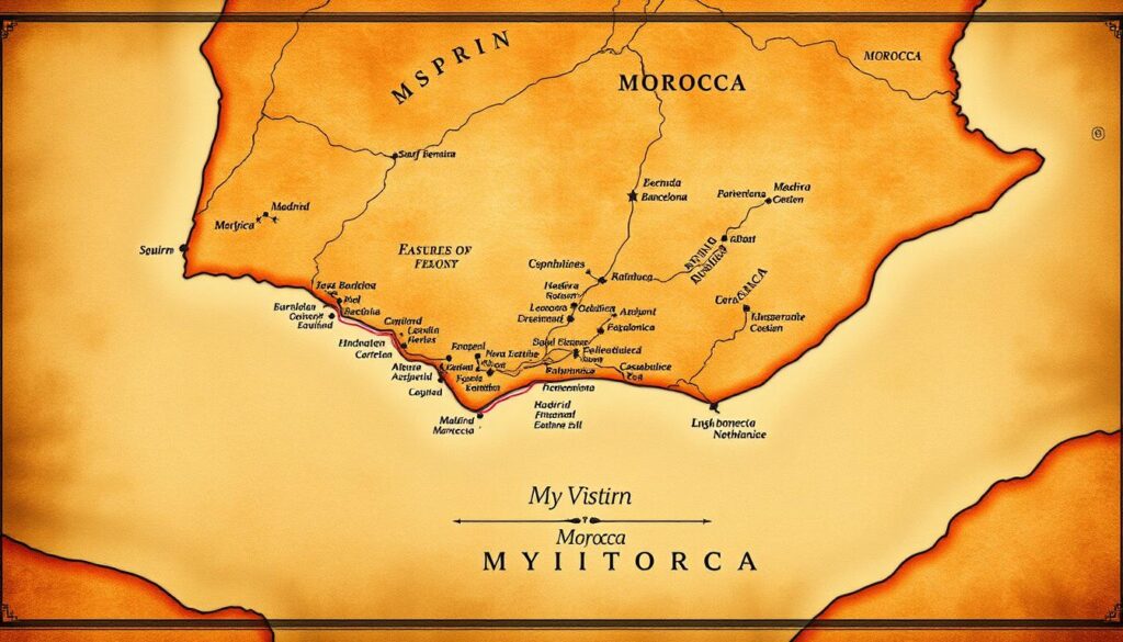 A detailed, high-resolution map of the Iberian Peninsula and North Africa, showcasing the borders, major cities, and key travel routes between Spain and Morocco. The map is rendered with a vintage, hand-drawn aesthetic, featuring intricate topographical details and a warm, earthy color palette. In the foreground, the coastlines of the Strait of Gibraltar are prominently displayed, with the southern coast of Spain and the northern coast of Morocco clearly delineated. In the middle ground, the major cities of both countries are labeled, including Madrid, Barcelona, Rabat, and Casablanca. In the background, subtle shadows and shading create a sense of depth and dimension. The overall mood is one of exploration and discovery, inviting the viewer to navigate the interconnected history and geography of these two nations. Includes the MyVisitMorocco branding.