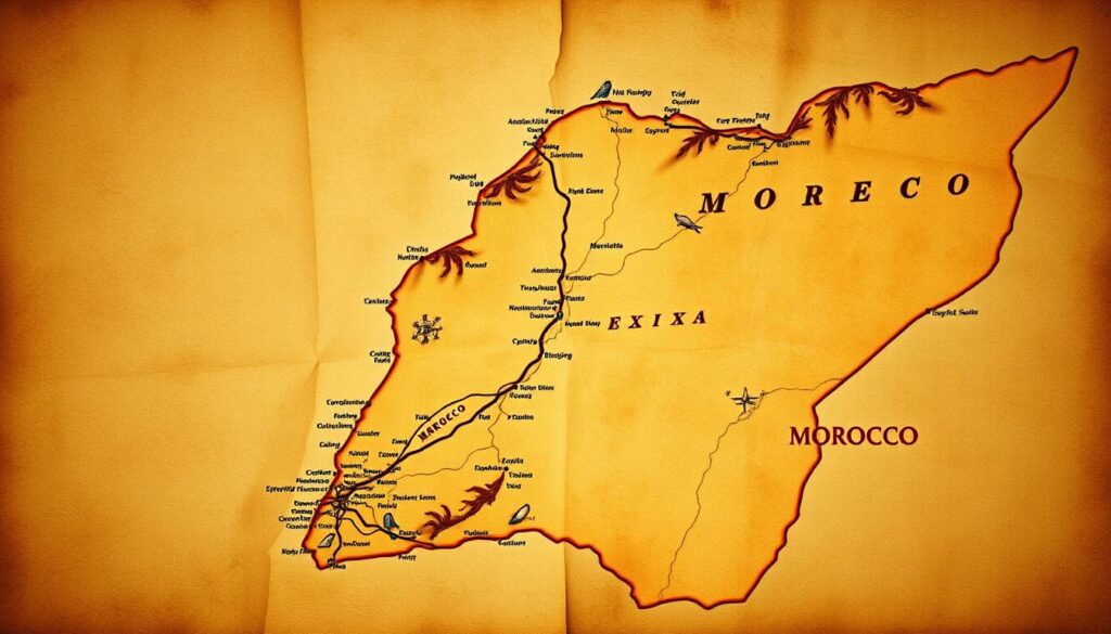A detailed, hyper-realistic map of Morocco, a North African gem, displayed on an antique parchment background. The map showcases the country's diverse geography, including the rugged Atlas Mountains, sweeping Saharan dunes, and lush, coastal regions. Intricate details highlight key cities, rivers, and landmarks, creating a sense of depth and exploration. The overall mood is one of adventure and discovery, with a warm, vintage color palette that evokes the rich history and culture of this captivating destination. MyVisitMorocco A detailed, hyper-realistic map of Morocco, a North African gem, displayed on an antique parchment background. The map showcases the country's diverse geography, including the rugged Atlas Mountains, sweeping Saharan dunes, and lush, coastal regions. Intricate details highlight key cities, rivers, and landmarks, creating a sense of depth and exploration. The overall mood is one of adventure and discovery, with a warm, vintage color palette that evokes the rich history and culture of this captivating destination. MyVisitMorocco