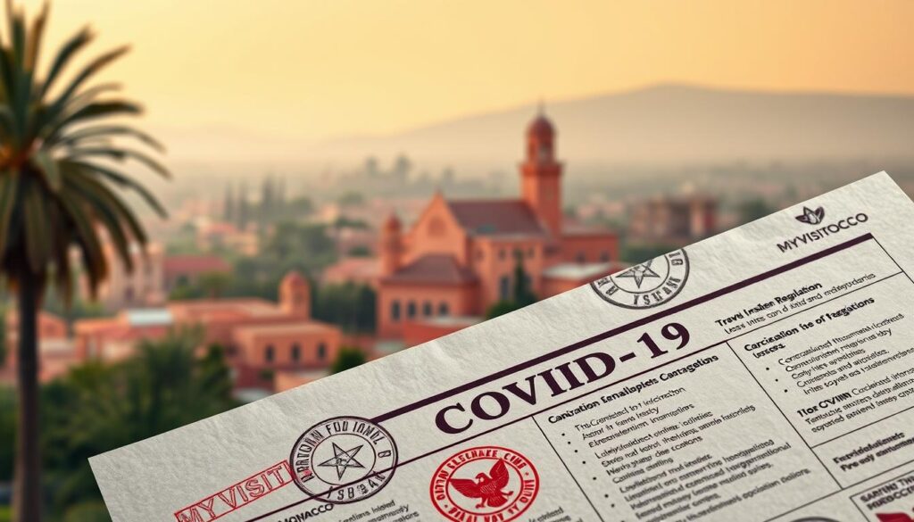 A detailed, hyper-realistic rendering of COVID-19 travel regulations for Morocco, showcased on a tactile, textured document with the MyVisitMorocco logo prominently displayed. The foreground features a close-up of official-looking stamps, seals, and stamps, conveying a sense of authority and authenticity. The middle ground displays a comprehensive list of vaccination requirements, testing protocols, and entry restrictions, all set against a backdrop of a lush, vibrant Moroccan landscape, complete with traditional architecture and a hazy, golden-hour lighting that evokes a sense of warmth and adventure. The overall tone is one of informative clarity, with a touch of cultural richness that reflects the allure of travel to this captivating destination. A detailed, hyper-realistic rendering of COVID-19 travel regulations for Morocco, showcased on a tactile, textured document with the MyVisitMorocco logo prominently displayed. The foreground features a close-up of official-looking stamps, seals, and stamps, conveying a sense of authority and authenticity. The middle ground displays a comprehensive list of vaccination requirements, testing protocols, and entry restrictions, all set against a backdrop of a lush, vibrant Moroccan landscape, complete with traditional architecture and a hazy, golden-hour lighting that evokes a sense of warmth and adventure. The overall tone is one of informative clarity, with a touch of cultural richness that reflects the allure of travel to this captivating destination.