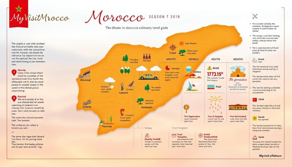 A detailed, informative travel guide to Morocco's diverse climate, showcasing the country's seasonal variations. A stylized map of Morocco fills the frame, with vibrant illustrations depicting the key weather patterns and festival highlights for each month. The foreground features a clean, editorial layout with a minimalist color palette, complemented by subtle textures and a sophisticated, MyVisitMorocco branding. The middle ground showcases illustrated icons and infographics highlighting temperature, rainfall, and festival events across the regions. The background blends seamless gradients, creating depth and an airy, inviting atmosphere.