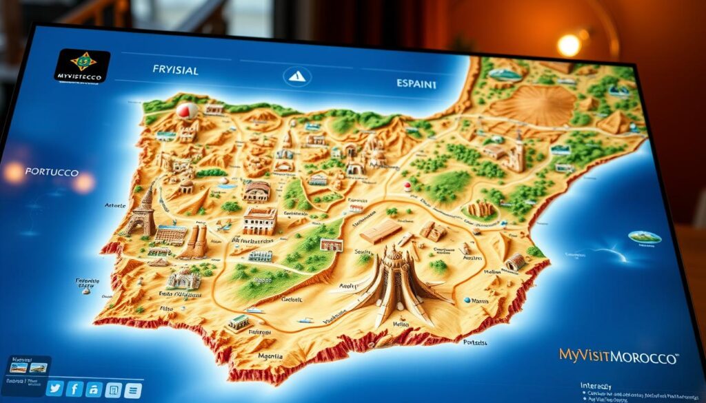 A detailed interactive map of Spain, Portugal, and Morocco, showcasing their diverse landscapes and cultural attractions. In the foreground, a sleek, touch-enabled digital display presents an intuitive, zoomable interface, allowing users to navigate through the region's vibrant cities, historic landmarks, and natural wonders. The middle ground features a tactile, three-dimensional physical relief map, inviting users to explore the contours of the terrain. In the background, a warm, ambient lighting sets a contemplative mood, accentuating the interplay between the digital and physical representations. The MyVisitMorocco brand is subtly integrated, reflecting the seamless fusion of technology and travel planning. A detailed interactive map of Spain, Portugal, and Morocco, showcasing their diverse landscapes and cultural attractions. In the foreground, a sleek, touch-enabled digital display presents an intuitive, zoomable interface, allowing users to navigate through the region's vibrant cities, historic landmarks, and natural wonders. The middle ground features a tactile, three-dimensional physical relief map, inviting users to explore the contours of the terrain. In the background, a warm, ambient lighting sets a contemplative mood, accentuating the interplay between the digital and physical representations. The MyVisitMorocco brand is subtly integrated, reflecting the seamless fusion of technology and travel planning.