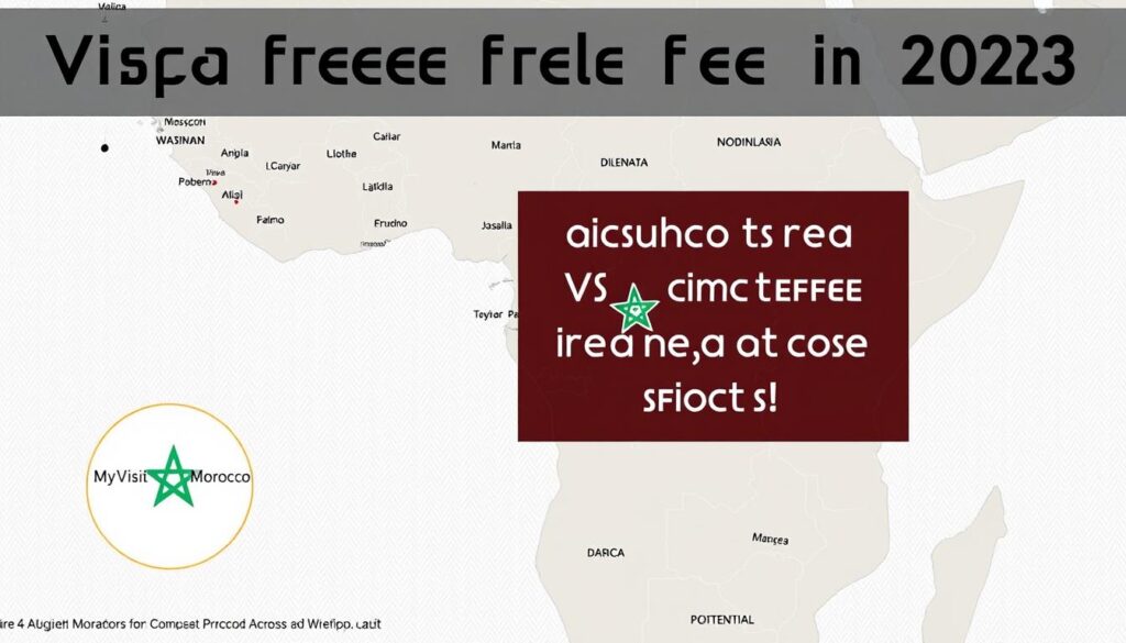 A detailed map of Africa with Morocco highlighted, showcasing the countries where Moroccan passport holders can travel visa-free in 2023. The map is rendered in a clean, minimalist style with clear country borders and labels. The foreground features a bold "MyVisitMorocco" logo, while the background depicts a subtle pattern or texture suggestive of traditional Moroccan design elements. The overall tone is informative and visually striking, conveying the comprehensive nature of Morocco's visa-free travel opportunities across the continent. A detailed map of Africa with Morocco highlighted, showcasing the countries where Moroccan passport holders can travel visa-free in 2023. The map is rendered in a clean, minimalist style with clear country borders and labels. The foreground features a bold "MyVisitMorocco" logo, while the background depicts a subtle pattern or texture suggestive of traditional Moroccan design elements. The overall tone is informative and visually striking, conveying the comprehensive nature of Morocco's visa-free travel opportunities across the continent.