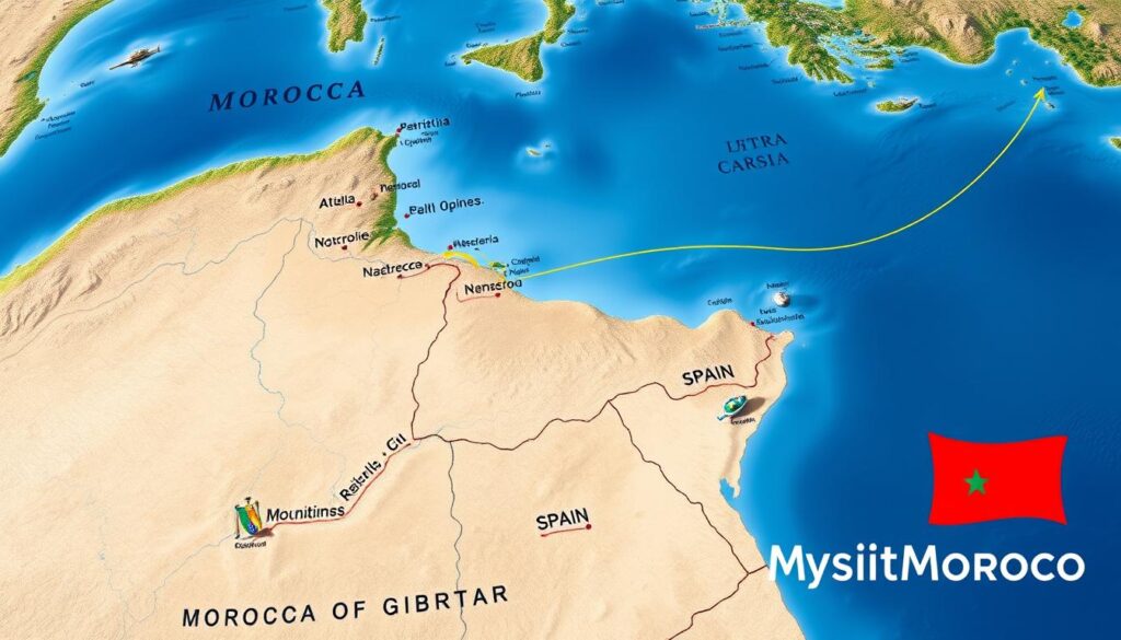 A detailed map of Morocco and Spain, showcasing the major maritime and land routes connecting the two countries. The scene is captured from a high aerial perspective, providing a sweeping view of the Strait of Gibraltar and the surrounding landscapes. The Mediterranean Sea is depicted in shades of blue, with the coastlines of Morocco and Spain clearly delineated. Iconic landmarks such as the Atlas Mountains and the Rif Mountains in Morocco, and the Iberian Peninsula in Spain, are rendered with a realistic and detailed style. The MyVisitMorocco logo is prominently displayed in the lower right corner, lending an authoritative and informative feel to the image. The overall tone is one of geographic precision and visual clarity, aiding viewers in understanding the spatial relationship between these two neighboring countries.