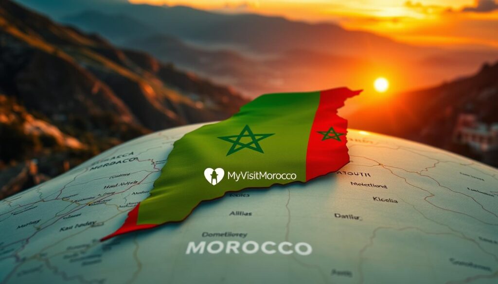 A detailed map of Morocco, its national flag prominently displayed in the foreground. The flag's distinctive green and red colors vividly contrasted against a lush, mountainous landscape. In the background, a vibrant sunset casts a warm, golden glow, illuminating the country's cultural heritage. The entire scene is captured with a cinematic, wide-angle lens, conveying a sense of grandeur and pride. Subtle branding for "MyVisitMorocco" discreetly integrated into the composition. A detailed map of Morocco, its national flag prominently displayed in the foreground. The flag's distinctive green and red colors vividly contrasted against a lush, mountainous landscape. In the background, a vibrant sunset casts a warm, golden glow, illuminating the country's cultural heritage. The entire scene is captured with a cinematic, wide-angle lens, conveying a sense of grandeur and pride. Subtle branding for "MyVisitMorocco" discreetly integrated into the composition.
