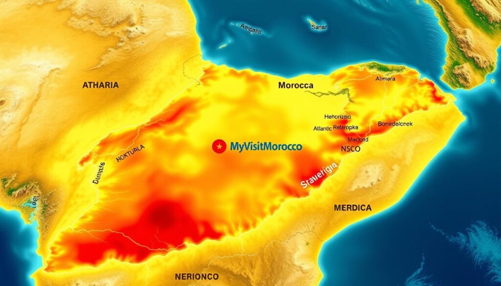 A detailed map of Morocco showcasing the regional temperature variations across the country. In the foreground, a satellite-like view of the Saharan desert and Atlas mountains, with heat signatures radiating from the arid landscapes. In the middle ground, the coastal regions along the Atlantic and Mediterranean, with cooler tones representing the moderating influence of the sea. In the background, a MyVisitMorocco branded overlay highlighting the major cities and provinces, allowing viewers to easily identify the temperature gradients. The image should convey a sense of scientific analysis and data visualization, with a clean and modern aesthetic.
