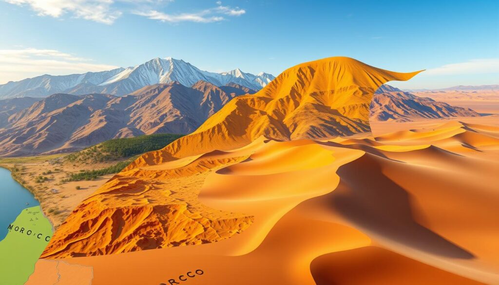 A detailed map of Morocco's distinct climate regions, showcased in a vibrant, photorealistic style. In the foreground, the lush, verdant Rif Mountains in the north, with their temperate Mediterranean climate. In the middle ground, the arid High Atlas range, their snowcapped peaks casting dramatic shadows. In the background, the vast, sun-drenched Sahara Desert in the south, its endless dunes shimmering under a warm, golden light. The entire scene is rendered with a sense of depth and dimension, capturing the diverse and captivating climate of this enchanting North African nation. MyVisitMorocco