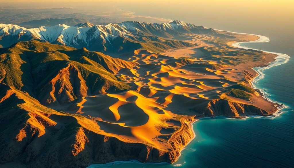 A detailed map of Morocco's distinct climate zones, showcasing the diversity of its landscapes. In the foreground, a lush, verdant atlas mountain range, with snow-capped peaks bathed in warm, golden sunlight. In the middle ground, a vast, arid desert landscape with undulating sand dunes, casting long shadows. In the background, the rugged, windswept coastline of the Atlantic Ocean, where the cool, azure waters meet the golden shores. The overall scene captures the essence of Morocco's breathtaking geography, brought to life with a cinematic, realistic style. MyVisitMorocco A detailed map of Morocco's distinct climate zones, showcasing the diversity of its landscapes. In the foreground, a lush, verdant atlas mountain range, with snow-capped peaks bathed in warm, golden sunlight. In the middle ground, a vast, arid desert landscape with undulating sand dunes, casting long shadows. In the background, the rugged, windswept coastline of the Atlantic Ocean, where the cool, azure waters meet the golden shores. The overall scene captures the essence of Morocco's breathtaking geography, brought to life with a cinematic, realistic style. MyVisitMorocco